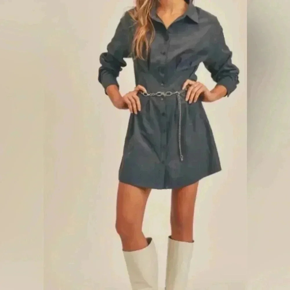 NWT Sage the label dark green long sleeve button  down mini shirt dress S